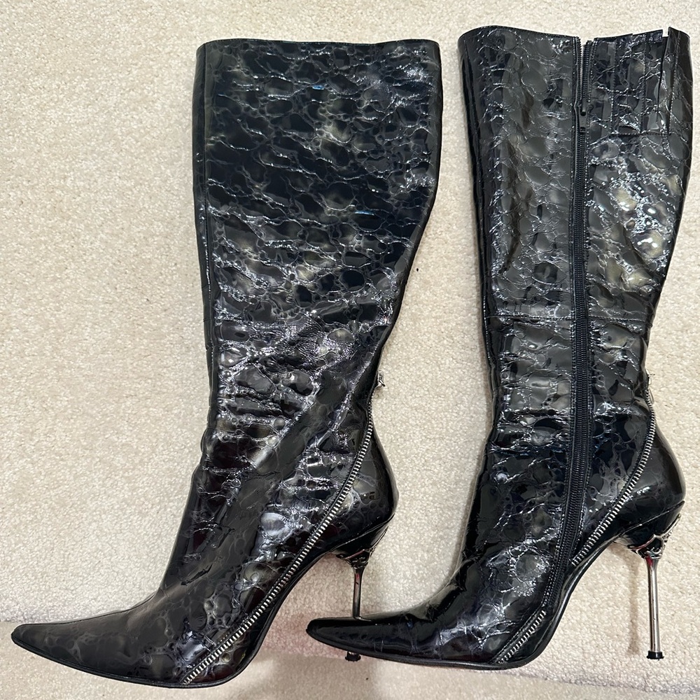 Black patent mock crocodile design stiletto heel boots